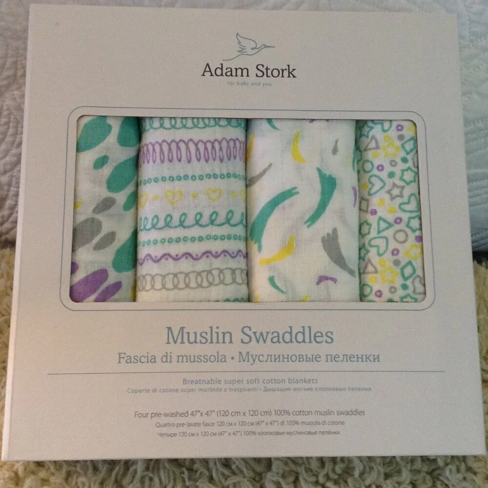 NWOT Adam Stork Cotton Muslin Swaddle Blankets; Babycore, Newborn, UNISEX, Soft